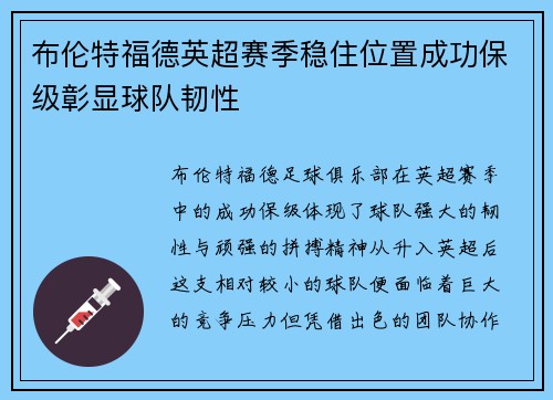 布伦特福德英超赛季稳住位置成功保级彰显球队韧性