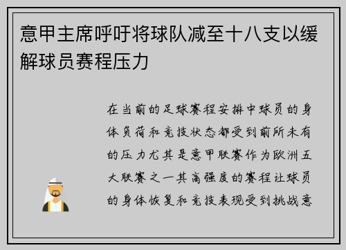 意甲主席呼吁将球队减至十八支以缓解球员赛程压力