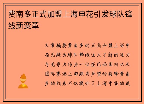 费南多正式加盟上海申花引发球队锋线新变革 费南多正式加盟上海申花引发球队锋线新变革